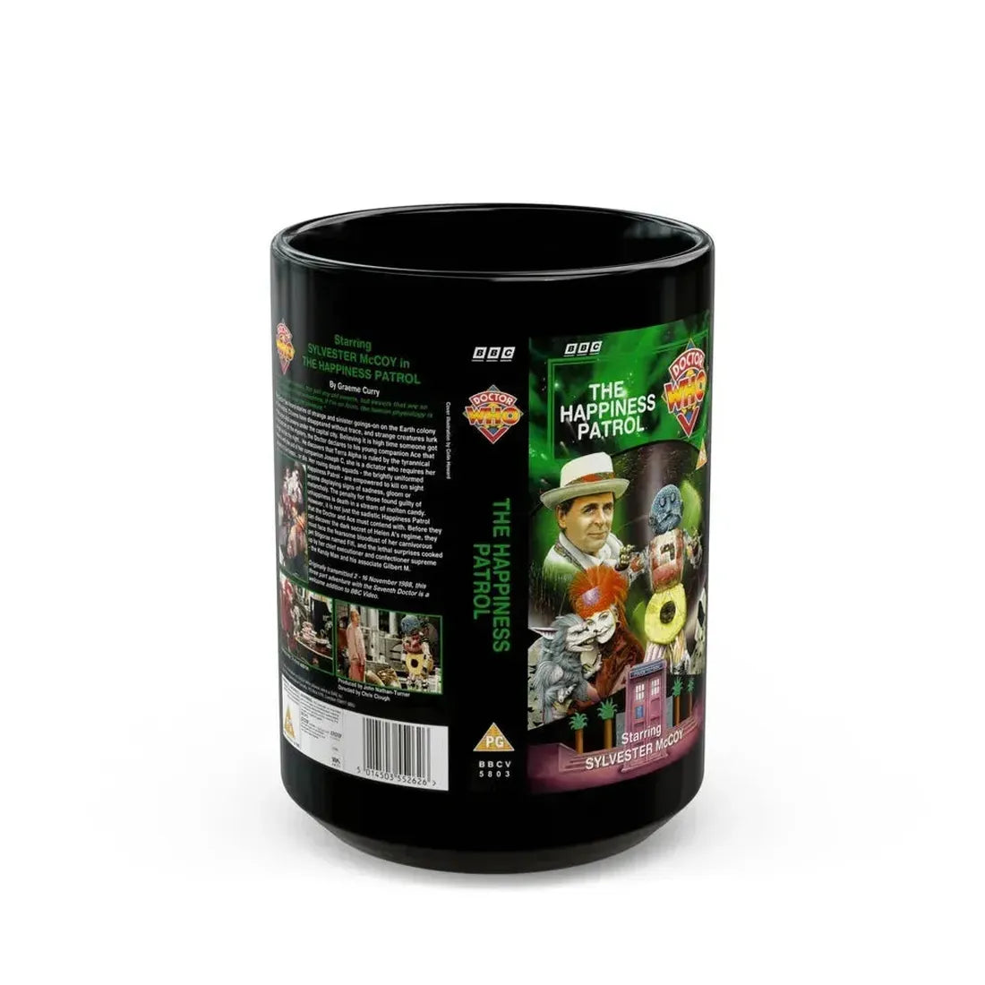 DOCTOR WHO THE HAPPINESS PATROL (VHS COVER) - Black Coffee Mug 15oz - Go Mug Yourself
