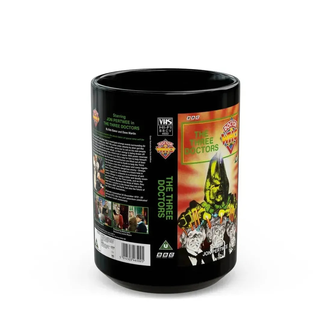 DOCTOR WHO THE THREE DOCTORS (VHS COVER) - Black Coffee Mug 15oz - Go Mug Yourself