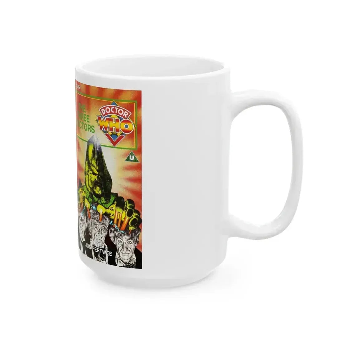 DOCTOR WHO THE THREE DOCTORS (VHS COVER) - White Coffee Mug - Go Mug Yourself