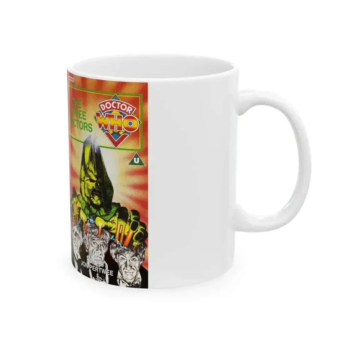 DOCTOR WHO THE THREE DOCTORS (VHS COVER) - White Coffee Mug - Go Mug Yourself