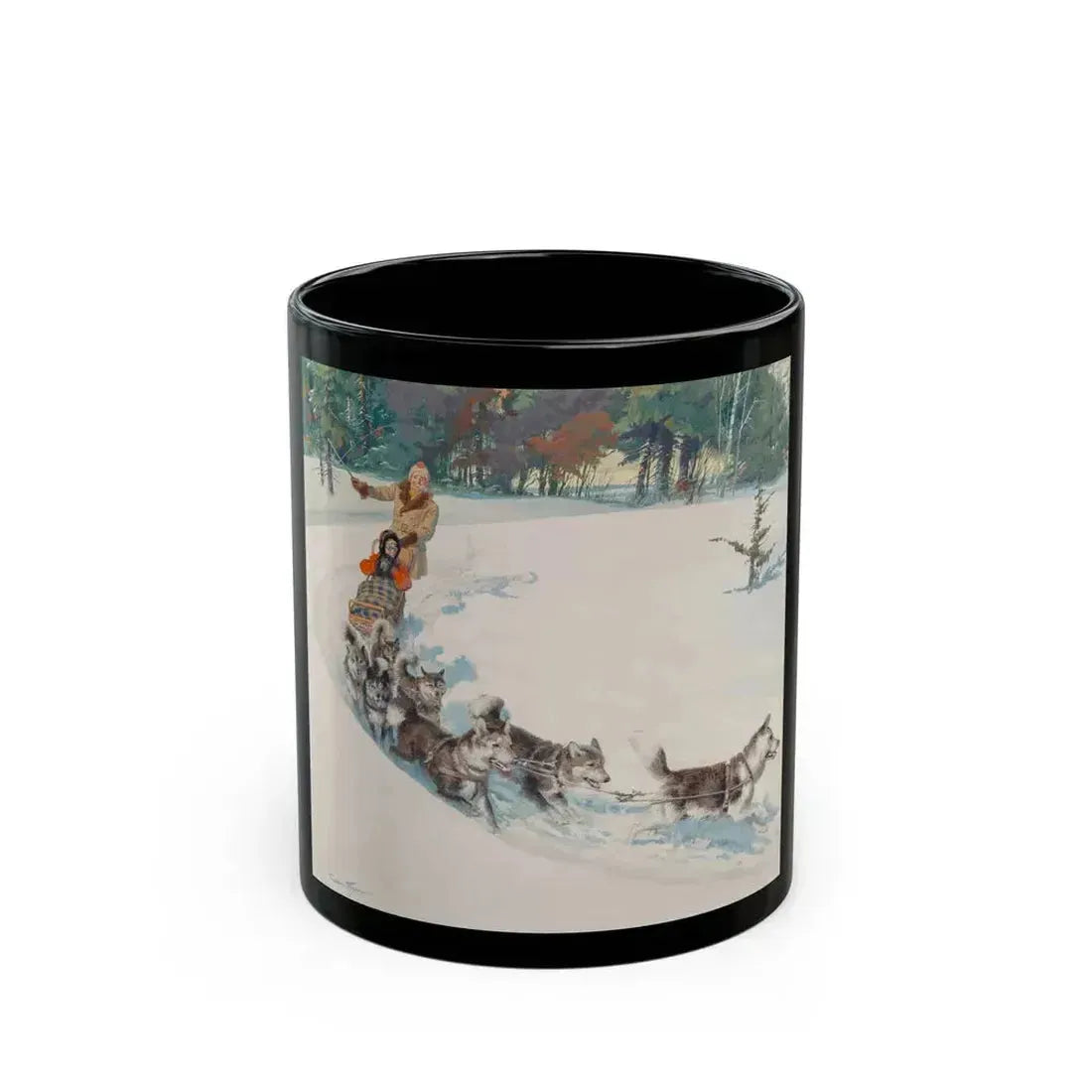 Dogsled Fun, calendar illustration - Black Coffee Mug 11oz - Go Mug Yourself
