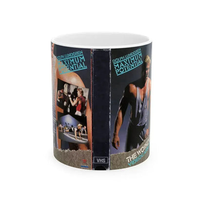 DOLPH LUNDGREN MAXIMUM POTENTIAL (VHS COVER) - White Coffee Mug 11oz - Go Mug Yourself