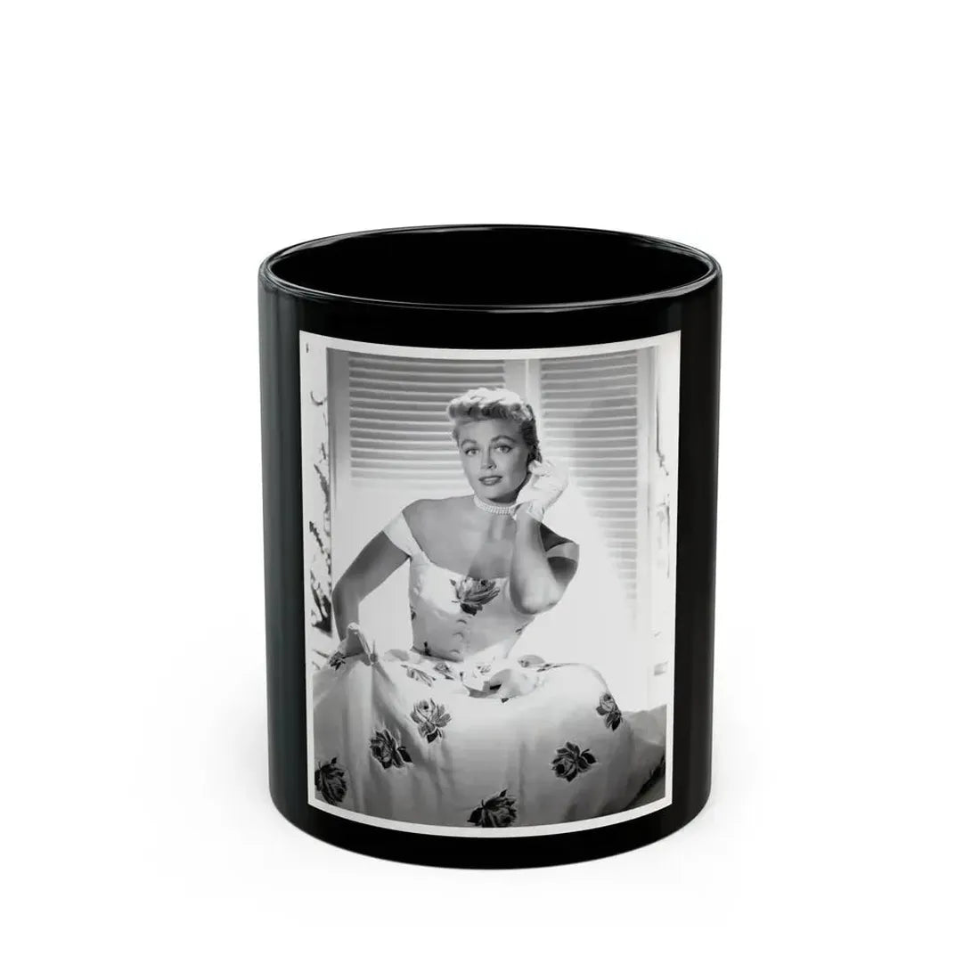 Dorothy Malone #244 - 8x10 Vintage B&W Knee to Head Glamour Dress Photo from late 50's (Vintage Female Icon) Black Coffee Mug 11oz - Go Mug Yourself