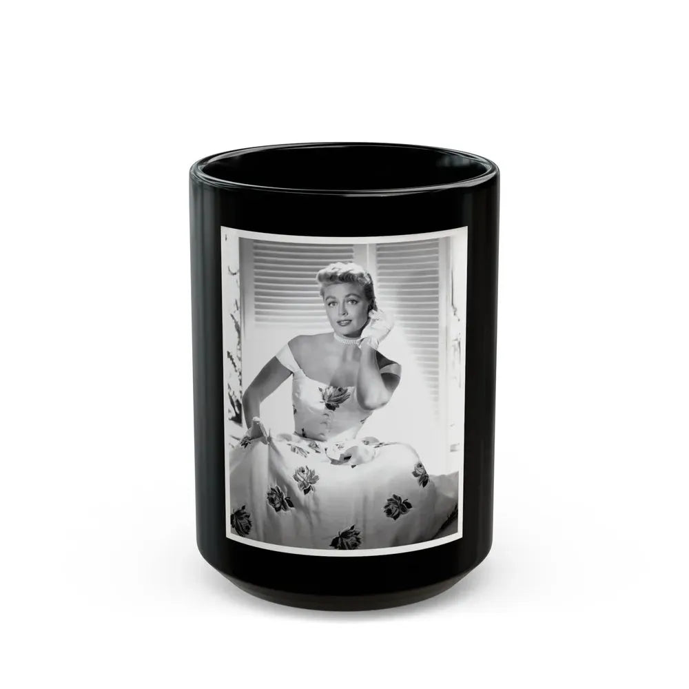 Dorothy Malone #244 - 8x10 Vintage B&W Knee to Head Glamour Dress Photo from late 50's (Vintage Female Icon) Black Coffee Mug 15oz - Go Mug Yourself