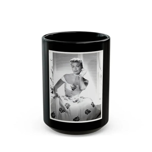 Dorothy Malone #244 - 8x10 Vintage B&W Knee to Head Glamour Dress Photo from late 50's (Vintage Female Icon) Black Coffee Mug 15oz - Go Mug Yourself