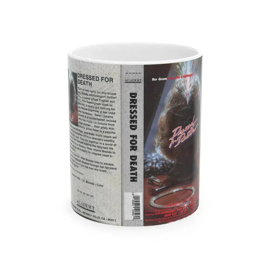 DRESSED FOR DEATH (VHS COVER) - White Coffee Mug 11oz - Go Mug Yourself