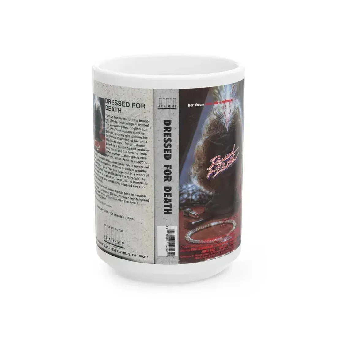 DRESSED FOR DEATH (VHS COVER) - White Coffee Mug 15oz - Go Mug Yourself