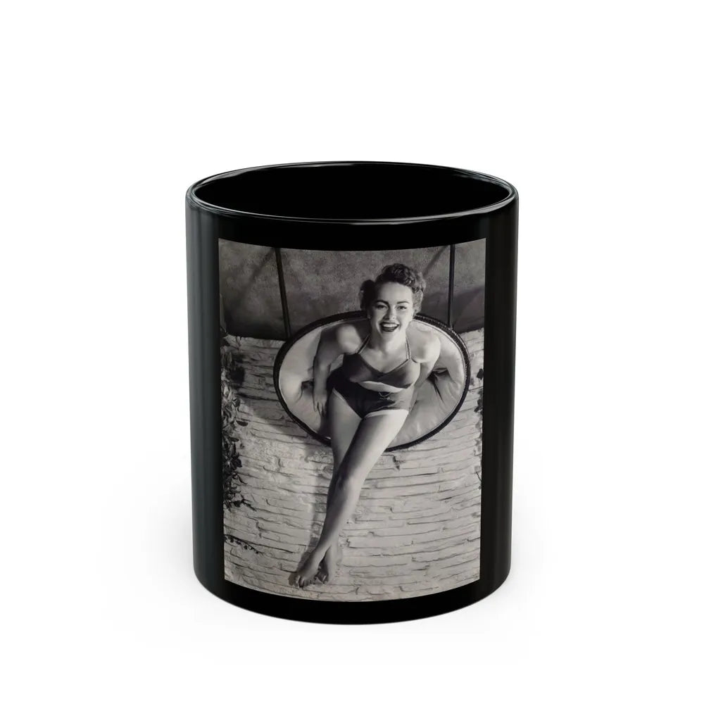 Terry Moore #732 - 8x10 1953 B&W Two Piece Full Body Swimsuit Barefoot Cheesecake Photo from 20th Century Fox Photo Shoot (Vintage Female Icon) Black Coffee Mug-11oz-Go Mug Yourself