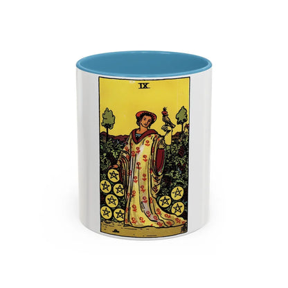 The 9 of Pentacles (Tarot Card) Accent Coffee Mug-11oz-Light Blue-Go Mug Yourself