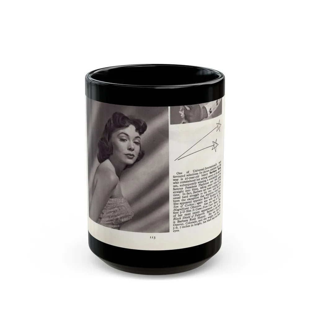 Barbara Rush #278 - 5.25x7.25 B&W Magazine Page Clipping Glamour Photo & Caption (Vintage Female Icon) Black Coffee Mug-15oz-Go Mug Yourself