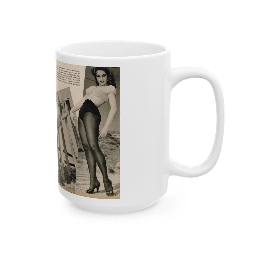 Julie Newmar #481 - Pages 38-39 Pages 3 & 4 of 4 with, Julie+3 B&W Photos & Short Paragraph from COVER GIRLS MODELS Mag. June '54 (Vintage Female Icon) White Coffee Mug-Go Mug Yourself