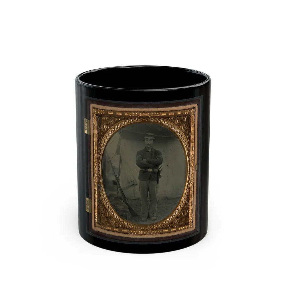 Unidentified Soldier In Infantry Sergeant Uniform With Holster And Musket In Front Of Tent (U.S. Civil War) Black Coffee Mug-11oz-Go Mug Yourself