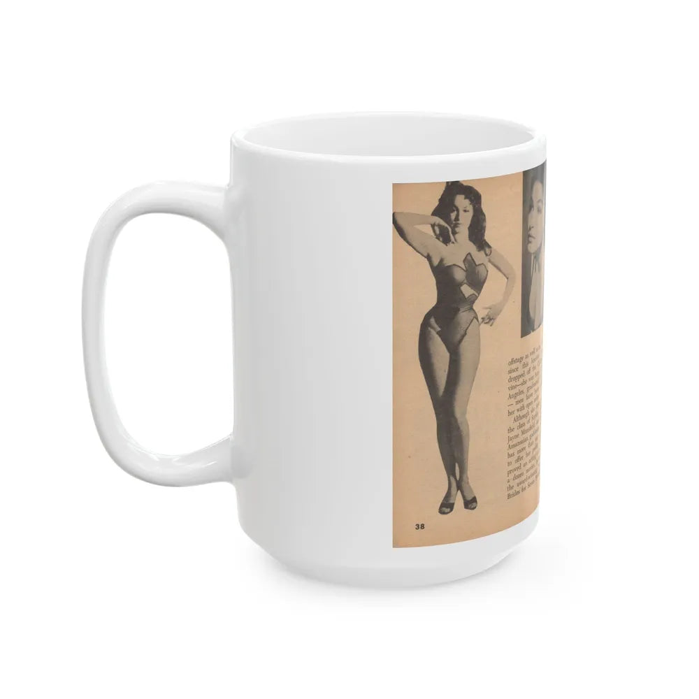 Julie Newmar #483 - Pages 38-39 Pages, 3 & 4 of 5 with, Julie+3 B&W Photos, Caption & Article from Glance Pocket Mag. Dec. '57 (Vintage Female Icon) White Coffee Mug-Go Mug Yourself