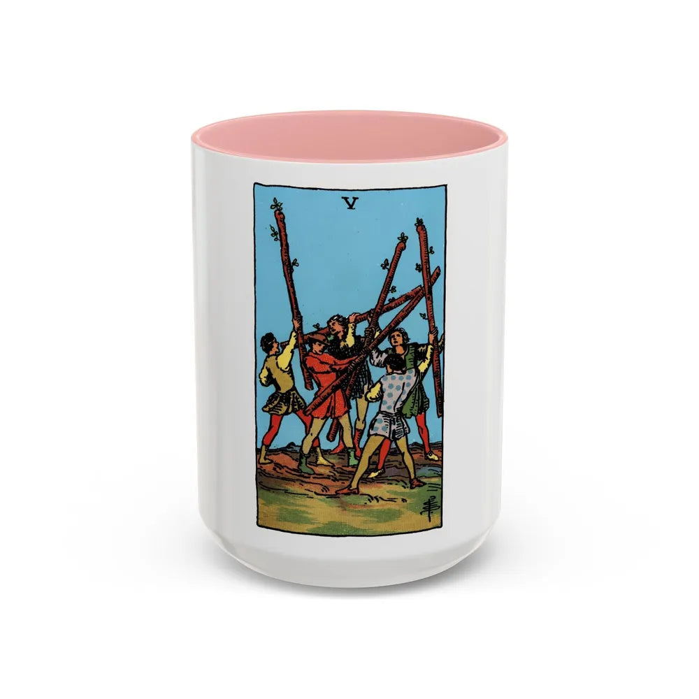 The 5 of Wands (Tarot Card) Accent Coffee Mug-15oz-Pink-Go Mug Yourself