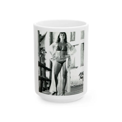 Caroline Munro #408 - 8x10 B&W Full Body in 2-Piece Bikini Photo Re-Strike from 1977 (Vintage Female Icon) White Coffee Mug-15oz-Go Mug Yourself