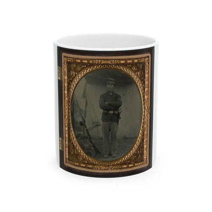 Unidentified Soldier In Infantry Sergeant Uniform With Holster And Musket In Front Of Tent (U.S. Civil War) White Coffee Mug-11oz-Go Mug Yourself