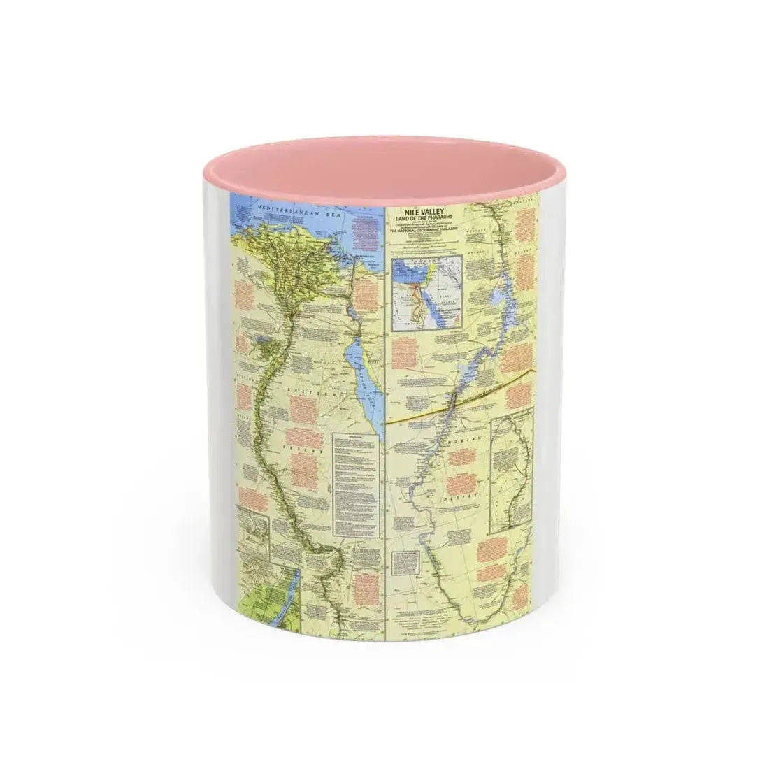 Egypt - Nile Valley, Land of the Pharaohs (1965) (Map) Accent Coffee Mug 11oz Pink - Go Mug Yourself