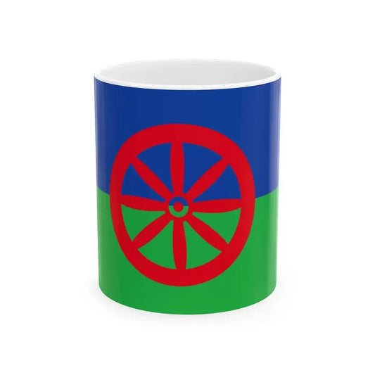 Eight-spoked wheel flag used by Hungarian Romanies (Hungary) White Coffee Mug 11oz - Go Mug Yourself
