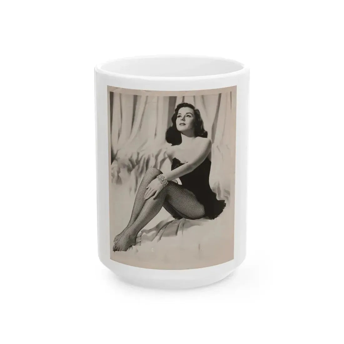 Elaine Stewart #170 - Vintage B&W 8x10 50's Era Full Body Glamour Fishnet Stockings Photo (Vintage Female Icon) White Coffee Mug 15oz - Go Mug Yourself