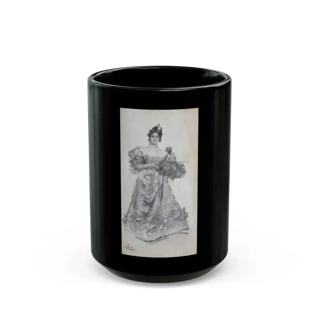 Elegant Woman with Plumed Fan - Black Coffee Mug 15oz - Go Mug Yourself