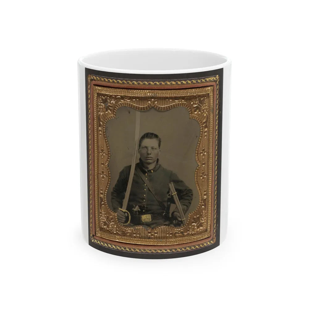 Elias Teeple In Union Uniform With Saber And Smith And Wesson Revolver (U.S. Civil War) White Coffee Mug-11oz-Go Mug Yourself