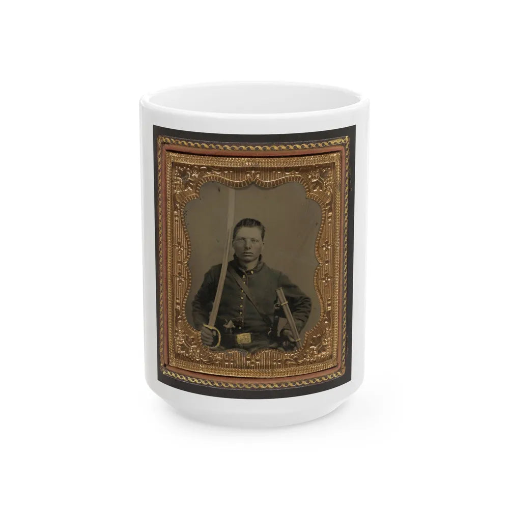 Elias Teeple In Union Uniform With Saber And Smith And Wesson Revolver (U.S. Civil War) White Coffee Mug-15oz-Go Mug Yourself