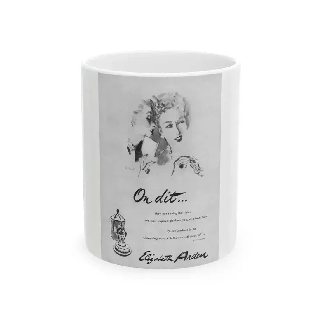 Elizabeth Arden advt, On dit..., 1947 - White Coffee Mug 11oz - Go Mug Yourself