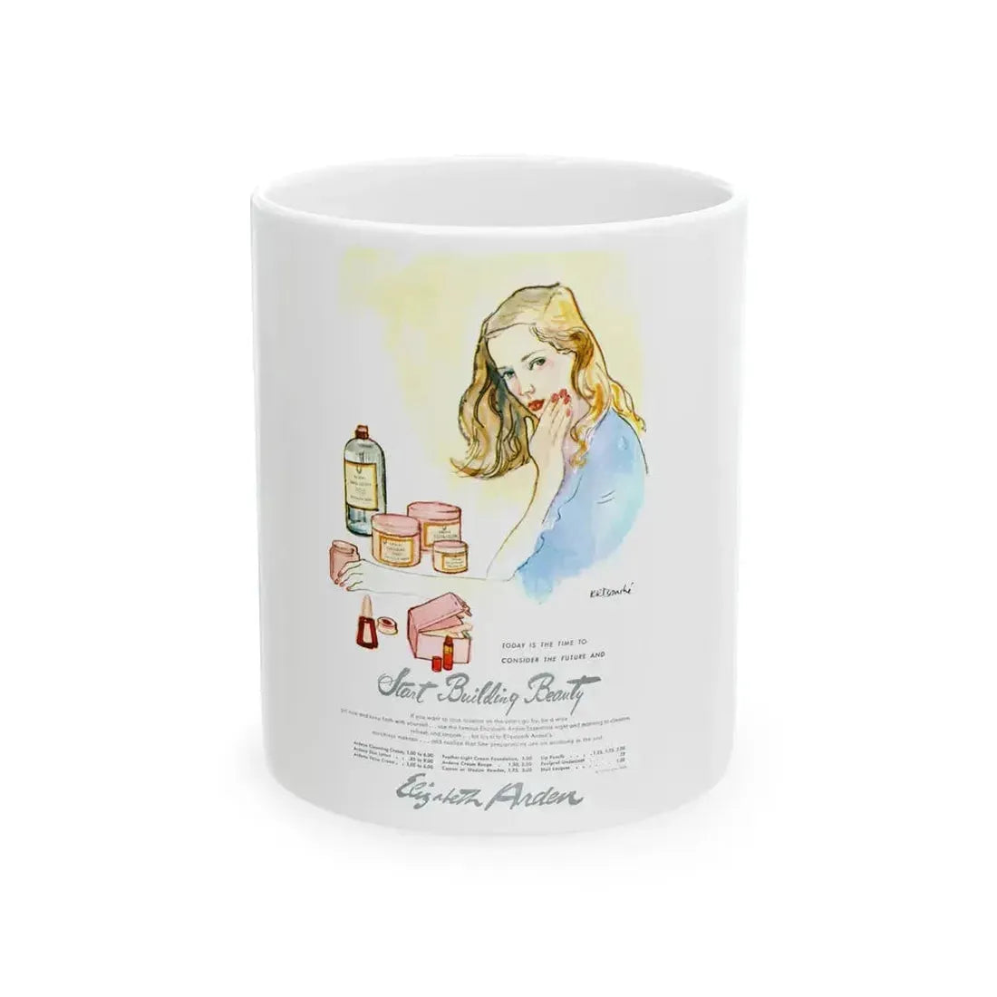 Elizabeth Arden advt, Start Building Beauty, 1948 - White Coffee Mug 11oz - Go Mug Yourself