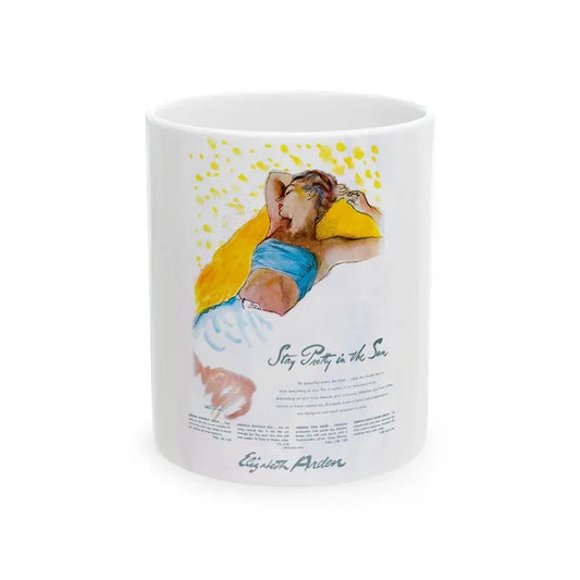 Elizabeth Arden advt, Stay Pretty in the Sun, 1947 - White Coffee Mug 11oz - Go Mug Yourself