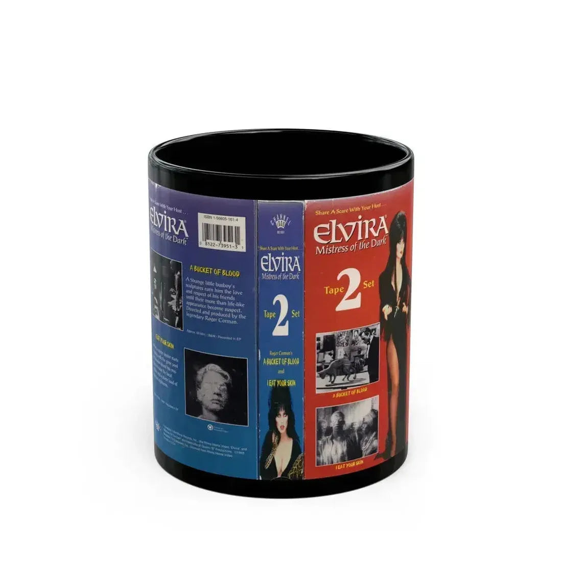 ELVIRA MISTRESS OF THE DARK A BUCKET OF BLOOD AND I EAT YOUR SKIN (VHS COVER) - Black Coffee Mug 11oz - Go Mug Yourself