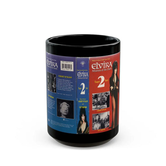 ELVIRA MISTRESS OF THE DARK A BUCKET OF BLOOD AND I EAT YOUR SKIN (VHS COVER) - Black Coffee Mug-15oz-Go Mug Yourself