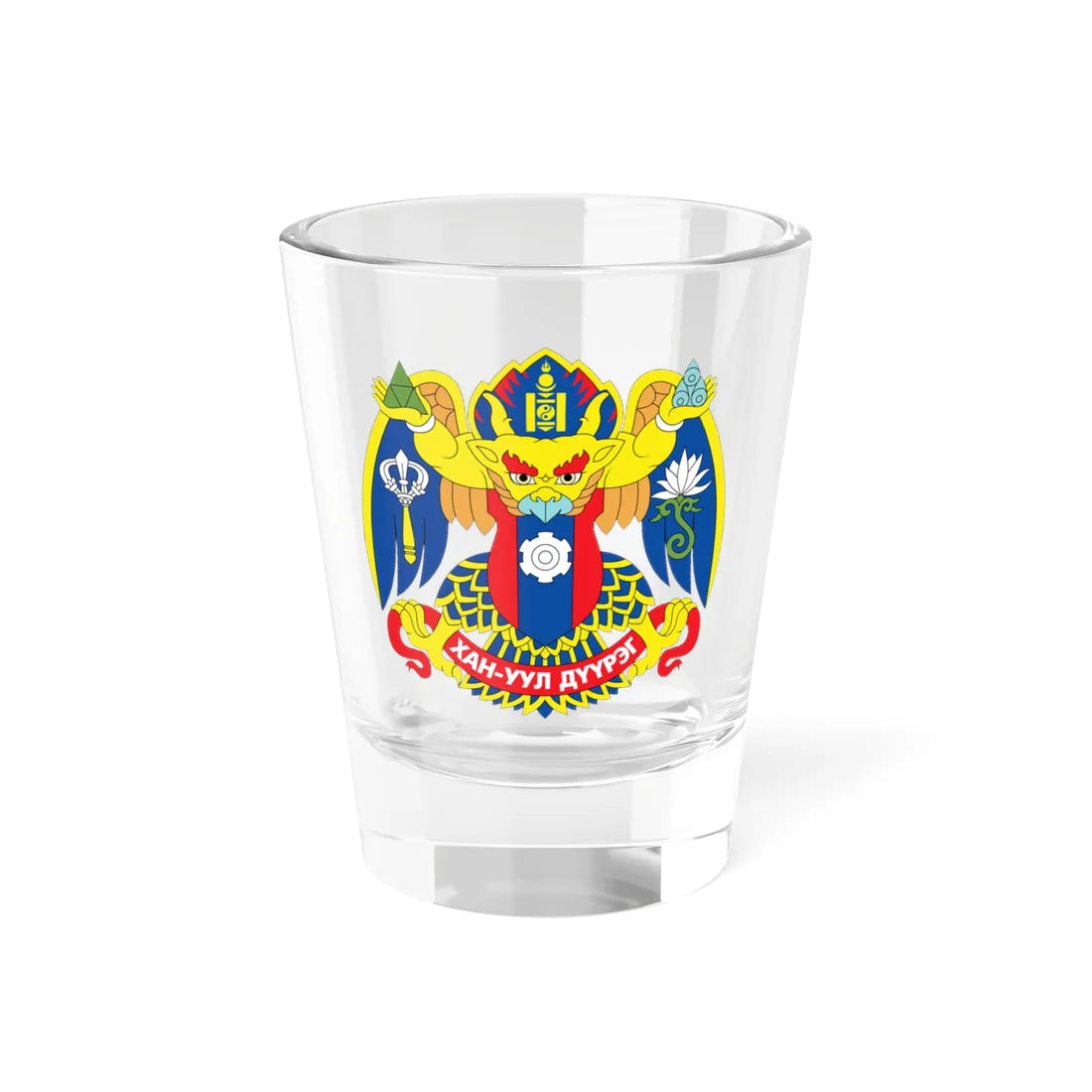 Emblem of Khan-Uul district Ulaanbaatar (Mongolia) (Coat of Arms) Shot Glass 1.5oz 1.5oz - Go Mug Yourself
