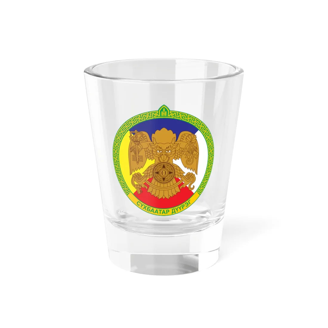 Emblem of Sukhbaatar district Ulaanbaatar (Mongolia) (Coat of Arms) Shot Glass 1.5oz 1.5oz - Go Mug Yourself