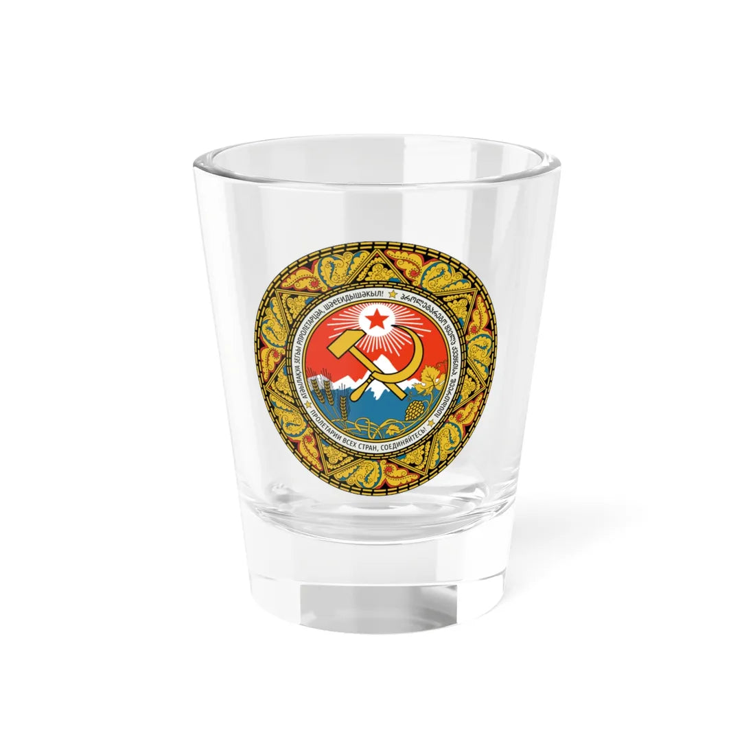 Emblem of the Abkhaz ASSR 1954-1978 (Georgia) (Coat of Arms) Shot Glass 1.5oz 1.5oz - Go Mug Yourself