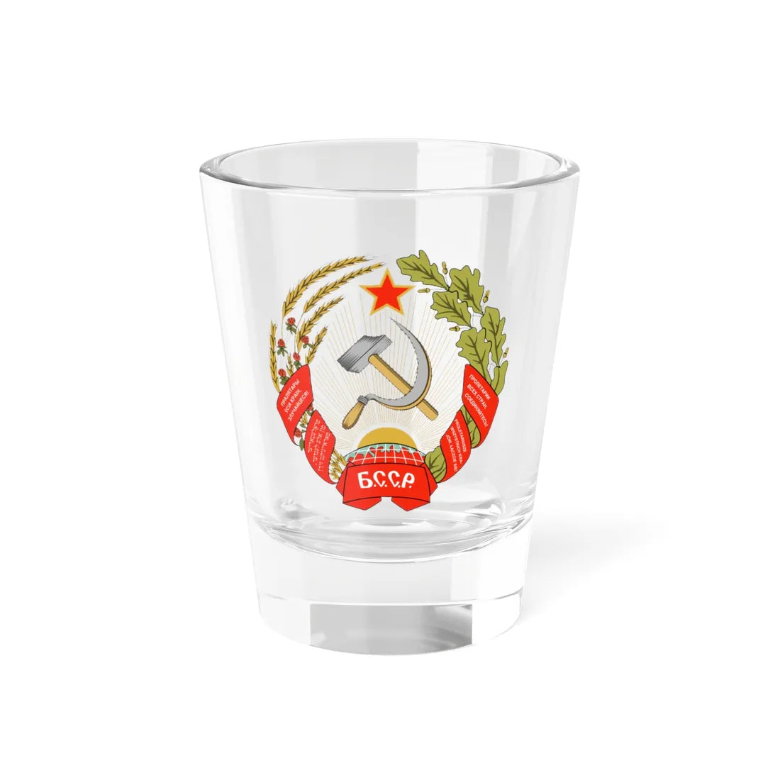Emblem of the Byelorussian SSR 1927-1937 (Russia) (Coat of Arms) Shot Glass 1.5oz 1.5oz - Go Mug Yourself