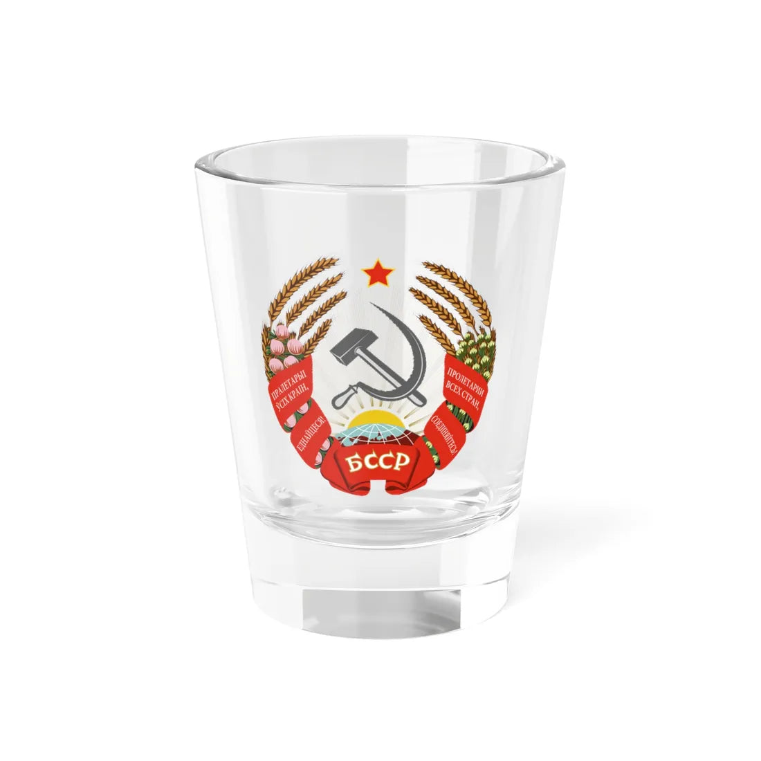 Emblem of the Byelorussian SSR 1938-1949 (Russia) (Coat of Arms) Shot Glass 1.5oz 1.5oz - Go Mug Yourself