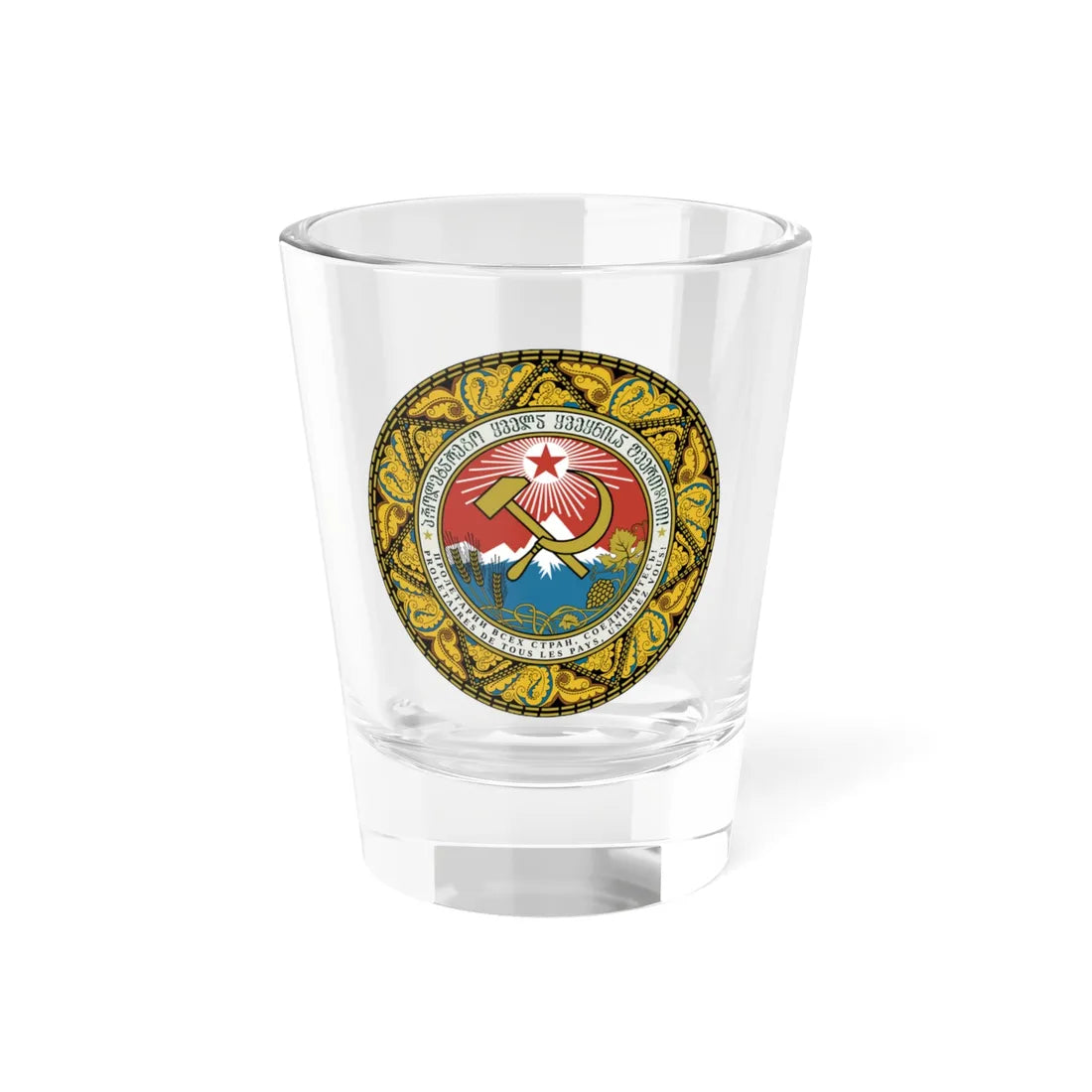Emblem of the Georgian SSR 1921-1937 (Georgia) (Coat of Arms) Shot Glass 1.5oz 1.5oz - Go Mug Yourself