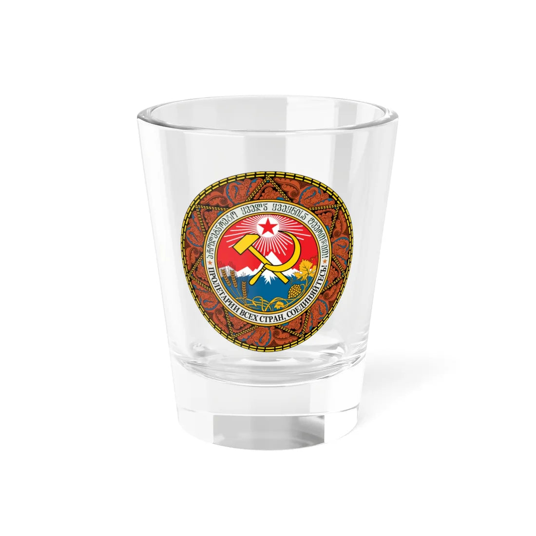 Emblem of the Georgian SSR 1936 (Georgia) (Coat of Arms) Shot Glass 1.5oz 1.5oz - Go Mug Yourself