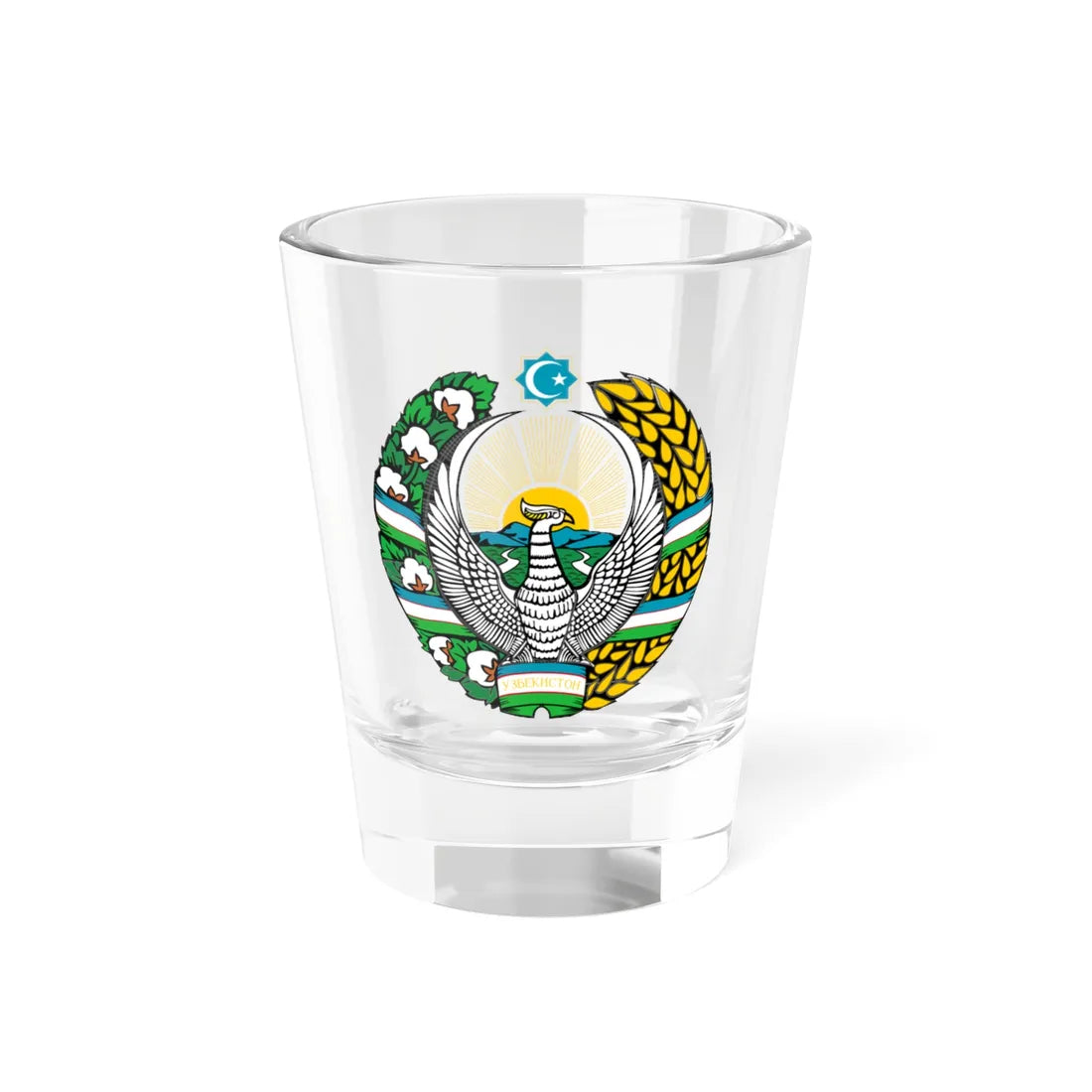 Emblem of Uzbekistan cyrillic (Uzbekistan) (Coat of Arms) Shot Glass 1.5oz 1.5oz - Go Mug Yourself