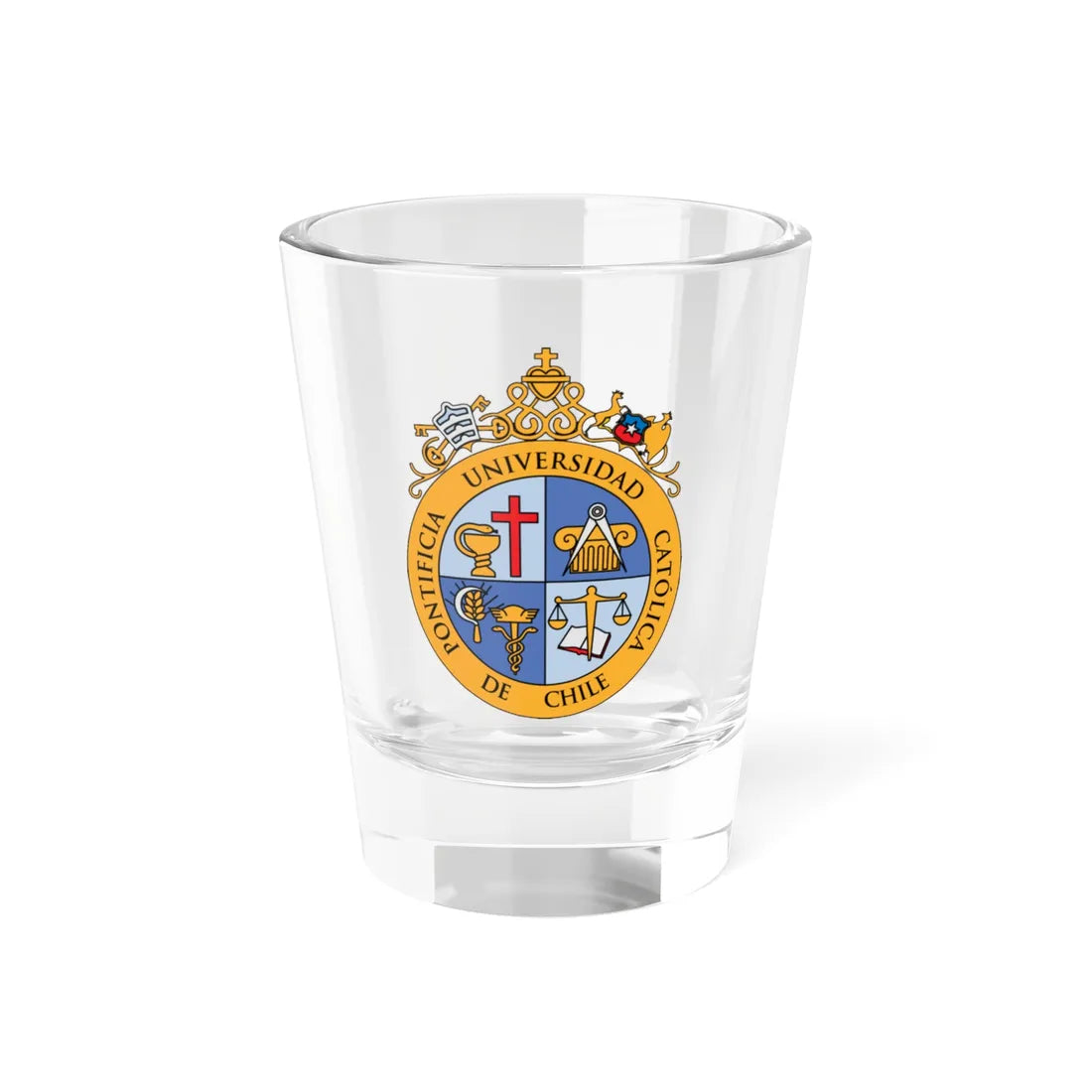 Escudo de la Pontificia Universidad Católica de Chile tradicional (Chile) (Coat of Arms) Shot Glass 1.5oz 1.5oz - Go Mug Yourself