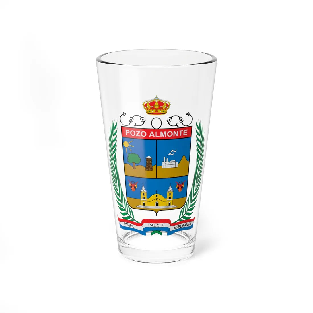 Escudo de Pozo Almonte (Chile) (Coat of Arms) Pint Glass 16oz 16oz - Go Mug Yourself