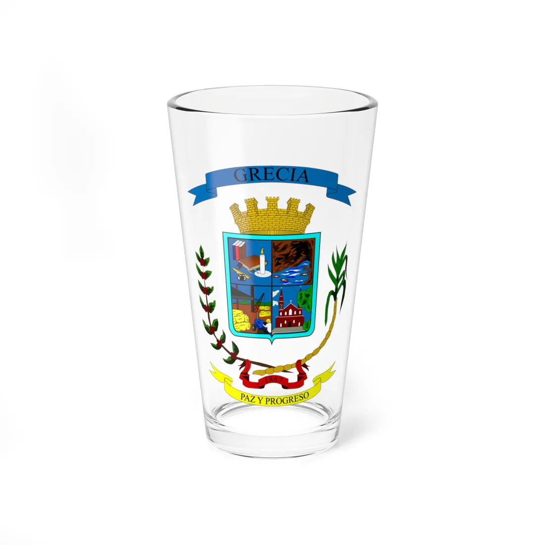 Escudo del Cantón de Grecia (Costa Rica) (Coat of Arms) Pint Glass 16oz 16oz - Go Mug Yourself