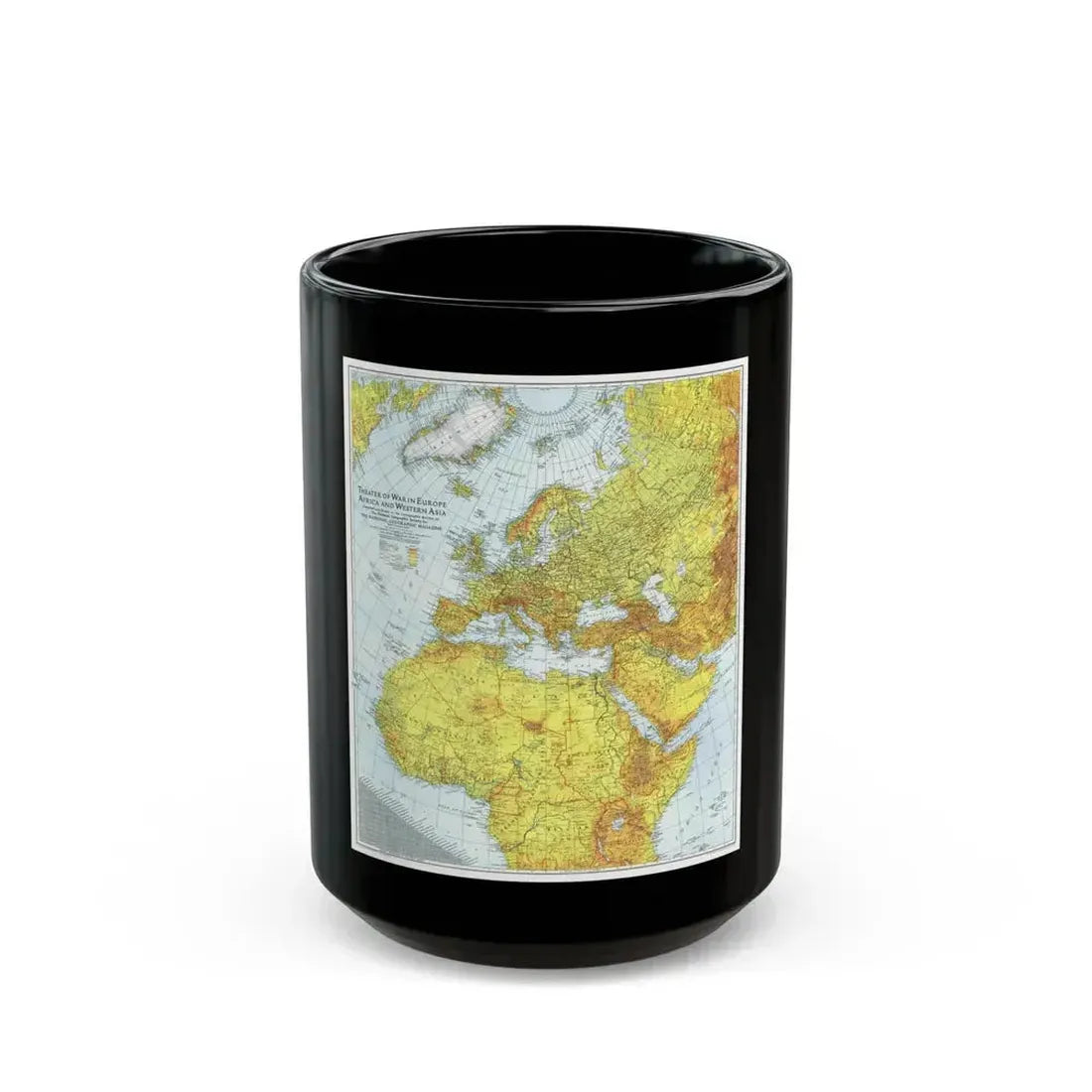 Europe, Africa, and Western Asia - Theater of War (1942) (Map) Black Coffee Mug 15oz - Go Mug Yourself