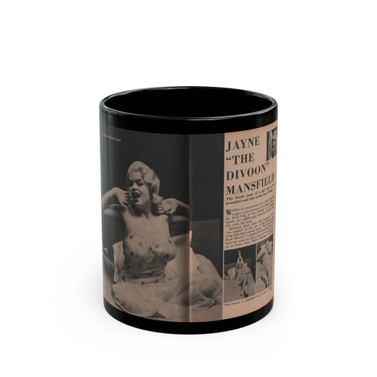 Jayne Mansfield #184 - 2 Pages, 2 Large B&W Photo & 3 Small Ones Plus Caption & Article from Foto-rama Digest Mag. Dec. '56 (Vintage Female Icon) Black Coffee Mug-11oz-Go Mug Yourself