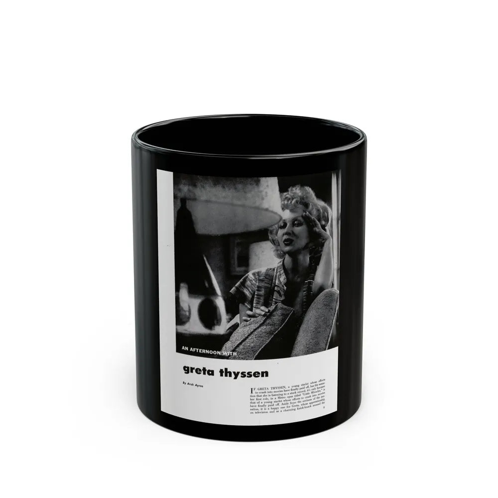 Greta Thyssen #126 - 1 Page with, 1 B&W Photo & Paragraph from Modern Man Mag. April '57 (Vintage Female Icon) Black Coffee Mug-11oz-Go Mug Yourself