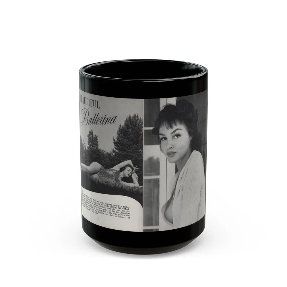 Julie Newmar #601 - Pages 14-15 Pages 1 & 2 of 6 with, Julie+2 B&W Photos & Article from SPICK Pocket Mag. April '58 (Vintage Female Icon) Black Coffee Mug-15oz-Go Mug Yourself