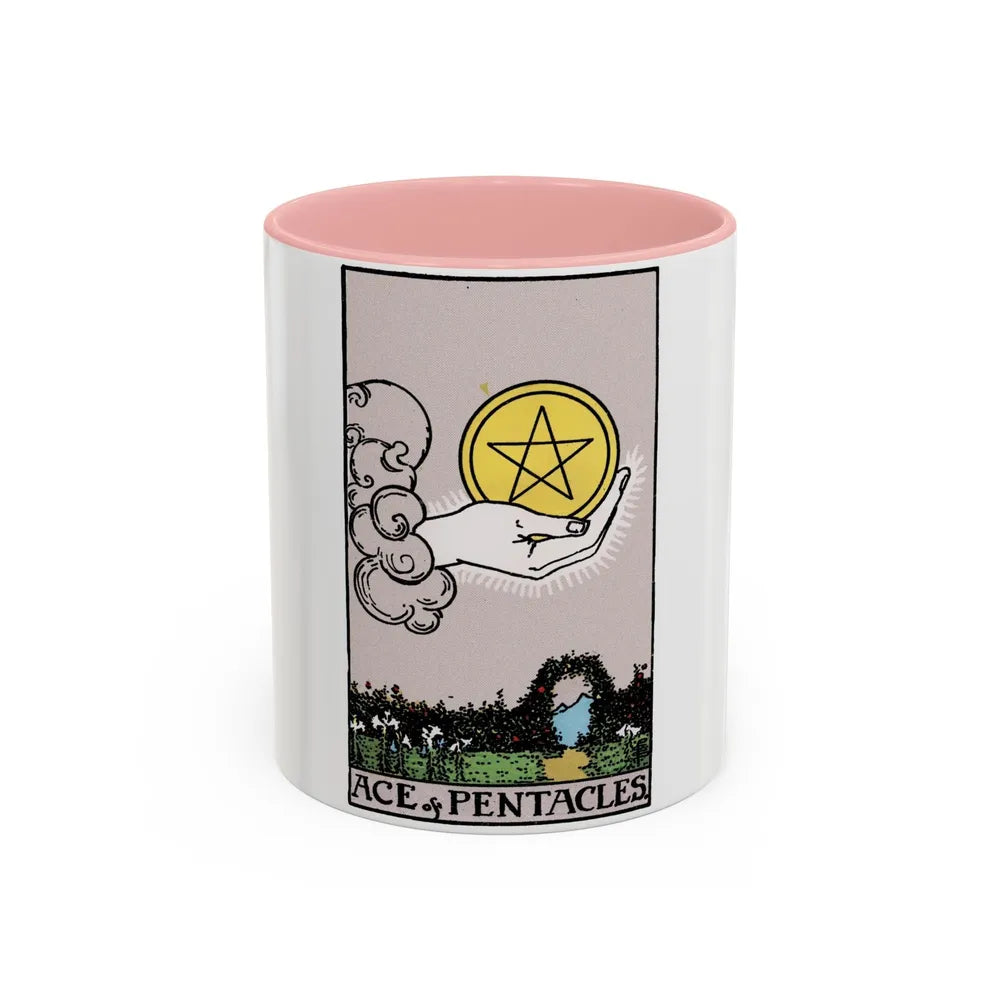 The Ace of p of Pentacles (Tarot Card) Accent Coffee Mug-11oz-Pink-Go Mug Yourself