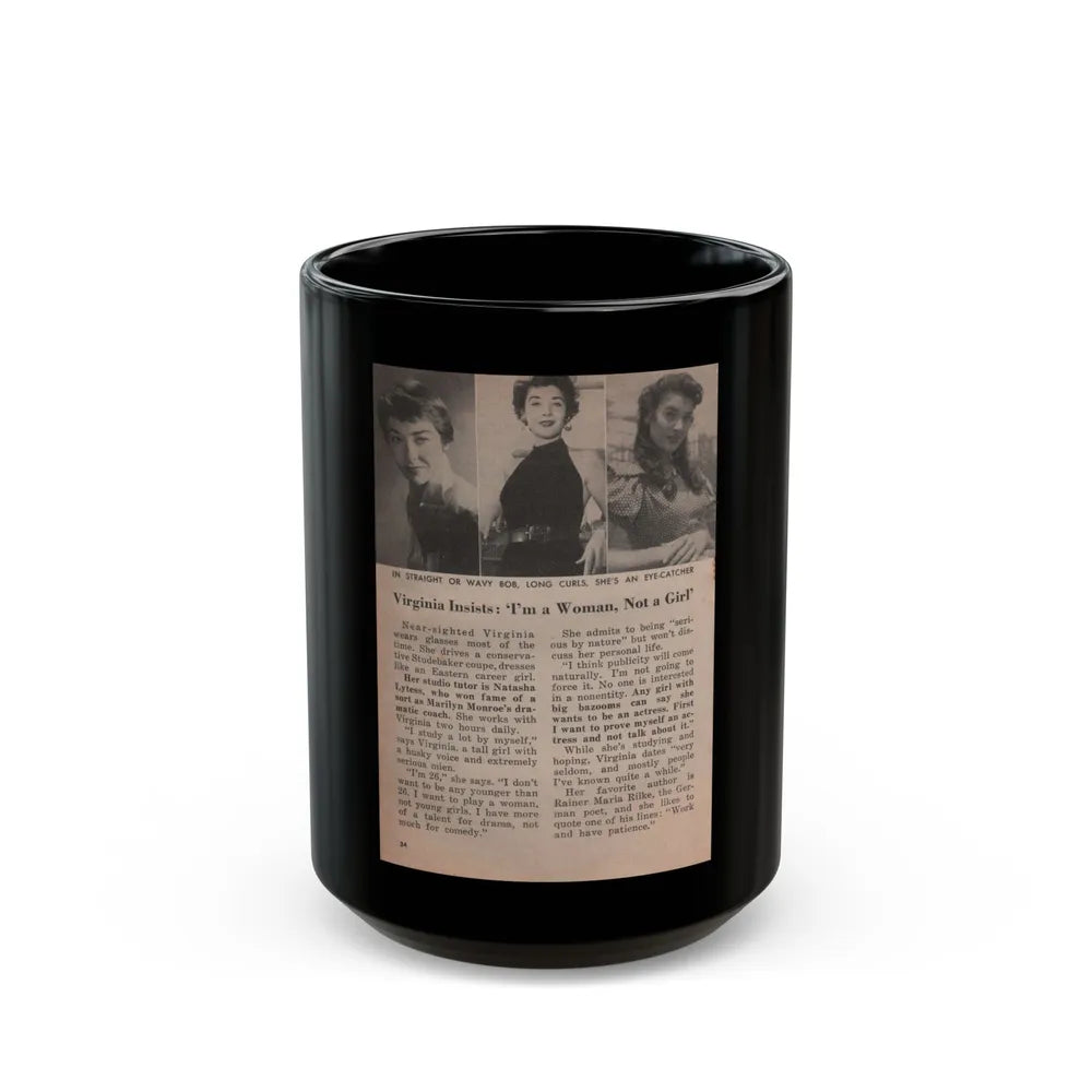 Virginia Leith #45 - People Today Pocket Mag. 2-23-55 - 3 Small B&W Photos, Caption & Article ending (Vintage Female Icon) Black Coffee Mug-15oz-Go Mug Yourself