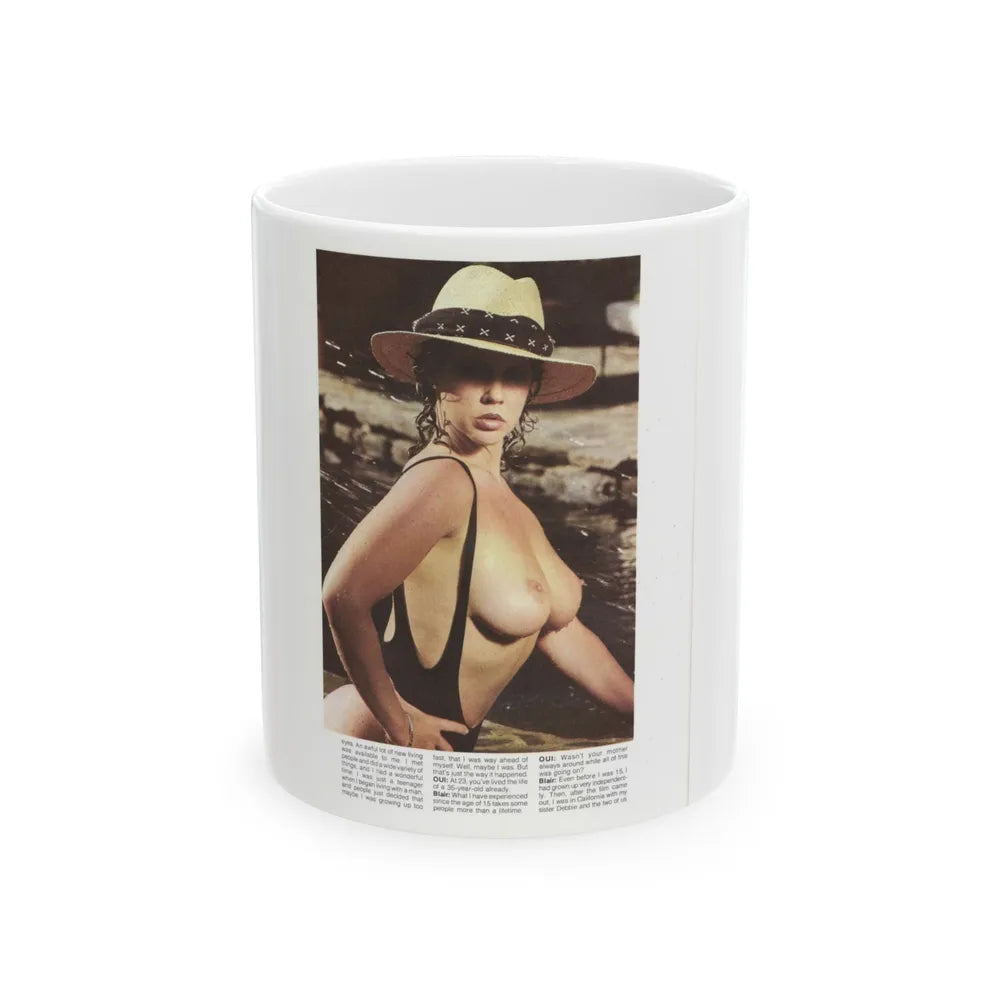 Linda Blair #320 - 1 Page, 1 Photo topless with hat from OUI Mag. October '82 (Vintage Female Icon) White Coffee Mug-11oz-Go Mug Yourself