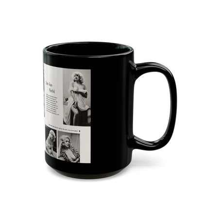 Jayne Mansfield #181 - 2 Pages, 5 B&W Photos & Captions from SCAMP Mag. May '57 (Vintage Female Icon) Black Coffee Mug-Go Mug Yourself